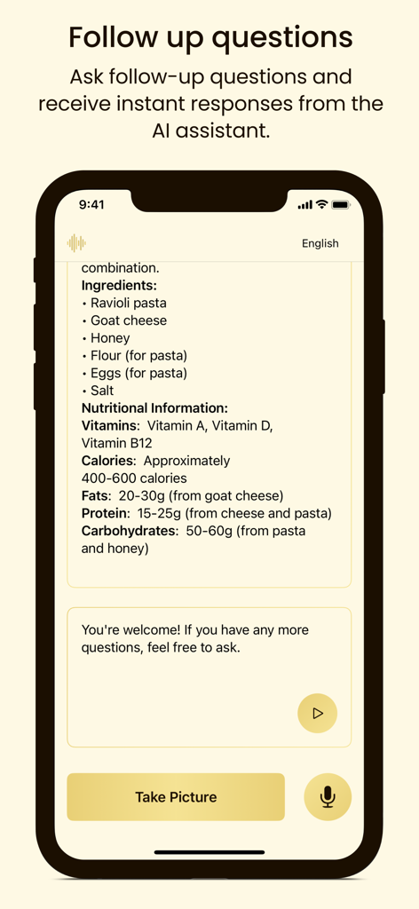 料理の栄養情報と材料を表示するスマートフォンインターフェースで、AIによるフォローアップ質問機能が付いています。
