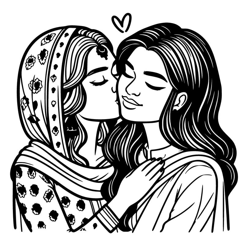 a beautiful girl kissing a woman