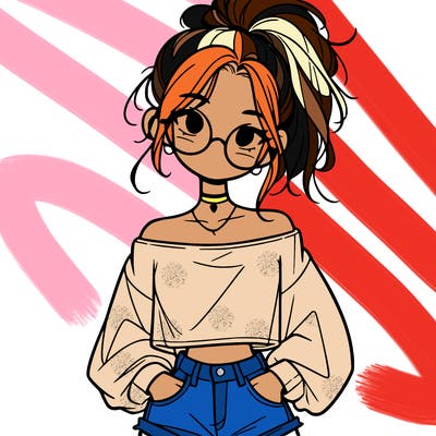 girl with a messy ponytail glasses a baggy crop top and jean shorts