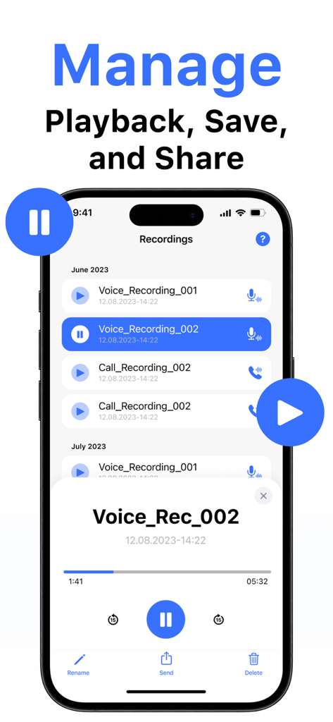 Phone Call Recorder ACR* - Interfaz de la aplicación Phone Call Recorder ACR mostrando una lista de llamadas grabadas y notas de voz con opciones de reproducción y uso compartido.