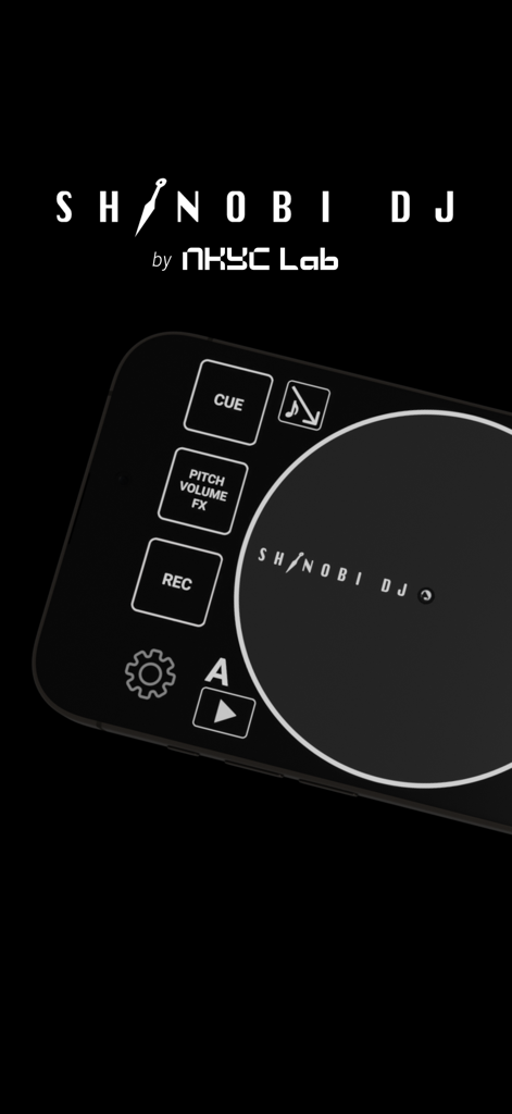 SHINOBI DJ - Interface do aplicativo SHINOBI DJ exibindo um toca-discos virtual com controles de scratch profissionais