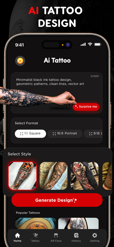 Tela inicial do aplicativo Gerador de Arte IA para Tatuagens mostrando ferramentas de design
