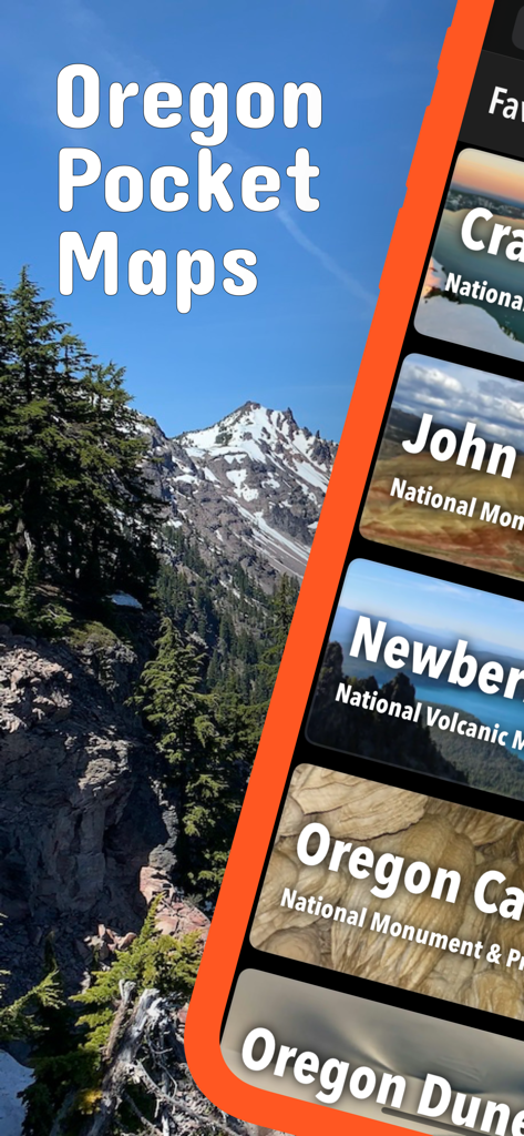 Oregon Pocket Maps - Oregon Pocket Maps app showing a list of national parks and monuments over a mountain landscape background