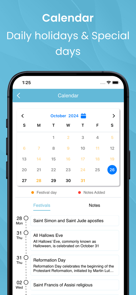 Calendar screen in the Yoruba Bible app showing daily religious holidays and special days.