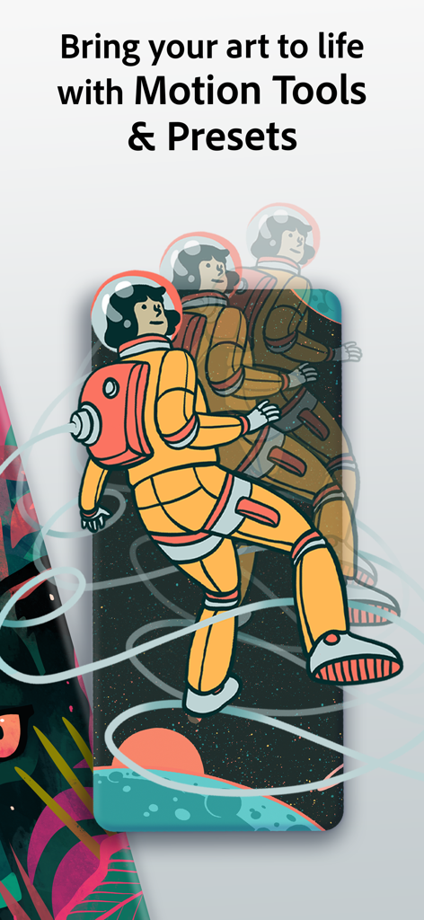 Adobe Fresco: Draw & Paint App - Adobe Fresco app screenshot showing motion tools with astronaut animation artwork