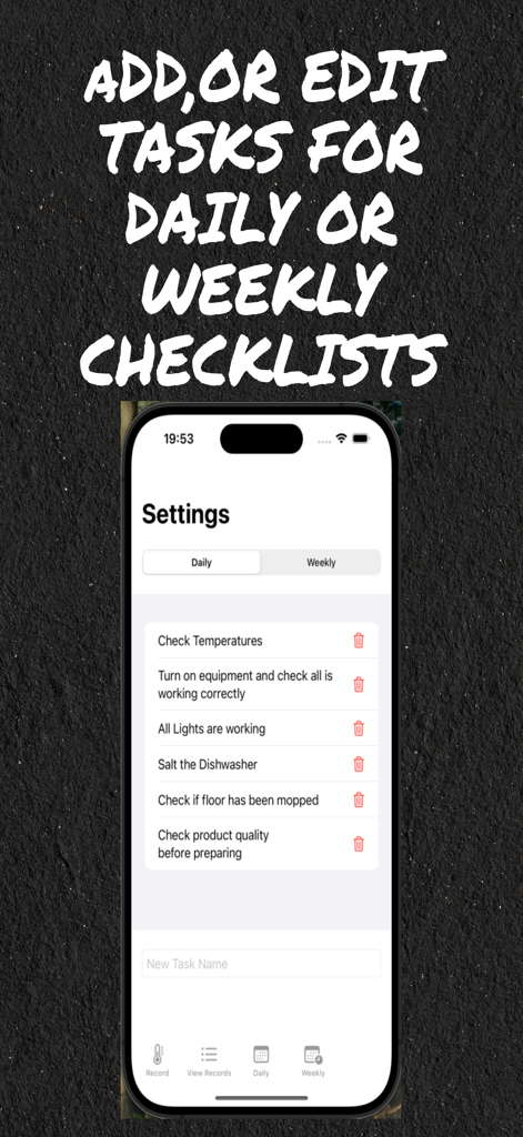 Smartphone screen showing the settings for creating daily or weekly kitchen hygiene checklists