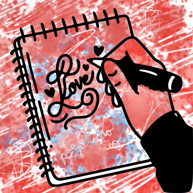 a hand writing “love” in calligraphy on a notebook