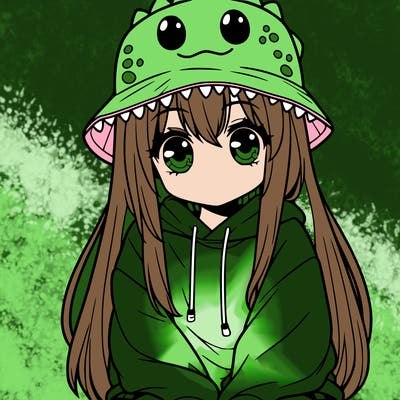 girl with anime shaped eyes with a dinosaur bucket hat oversized sweatshirt long straight hair