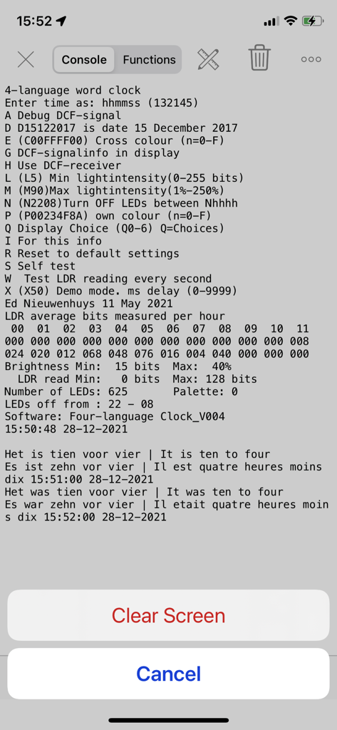 BLESerial HM-10 - Mobile app console showing serial communication data from a hardware project