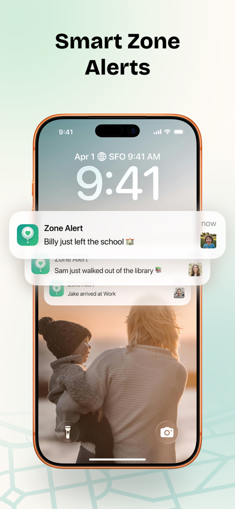 Friend Tracker: Share Location - iPhone lock screen displaying smart zone alerts from the Friend Tracker app for family members arriving and leaving locations