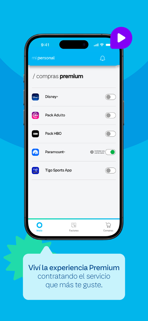 Mi Personal - Paraguay - Smartphone screen showing premium subscription options in the Mi Personal Paraguay app including Disney Plus and HBO