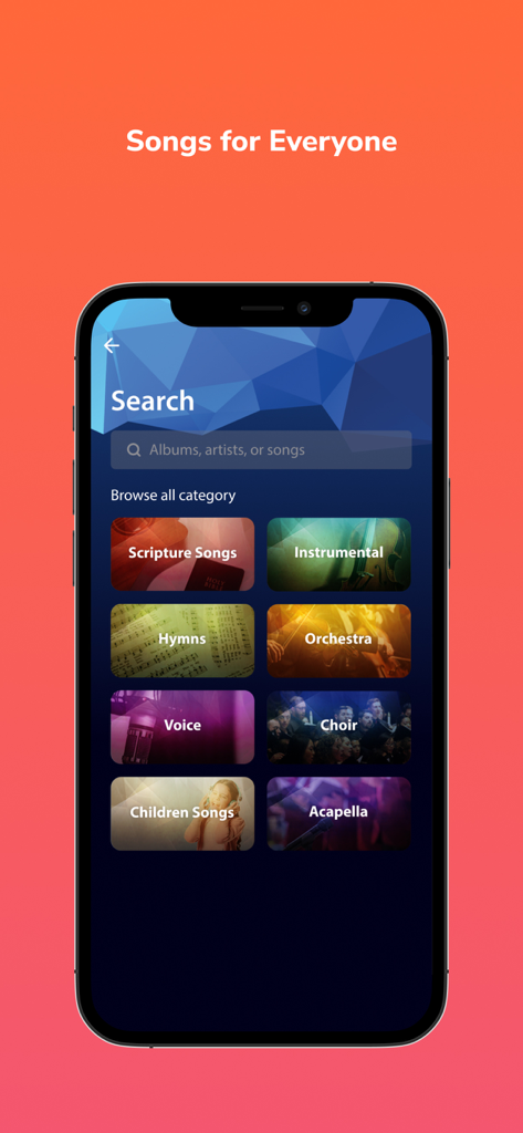 MusicVerse - MusicVerse app interface showing various religious music categories like Hymns and Scripture Songs.