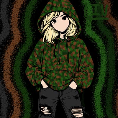 girl wearing hoodie and ripped jeans, realistic