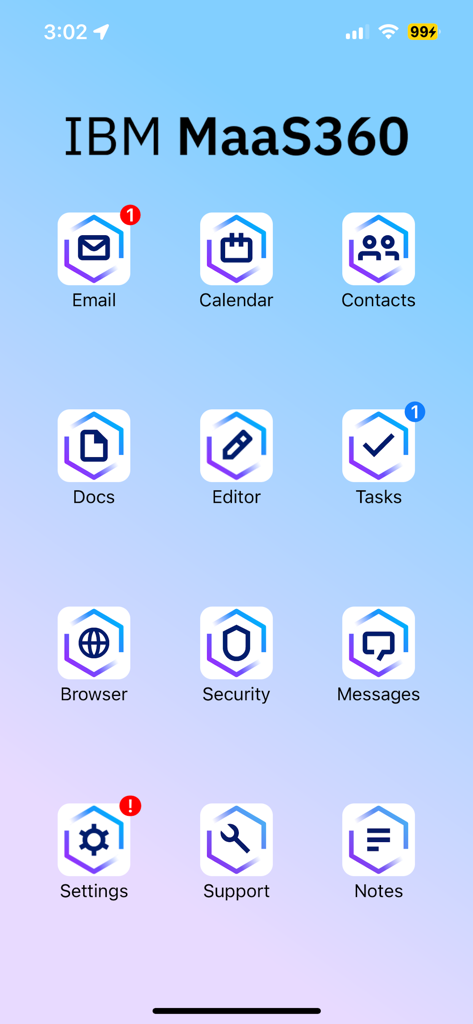 IBM MaaS360 - Home screen of IBM MaaS360 mobile app displaying icons for business tools like Email, Calendar, and Docs