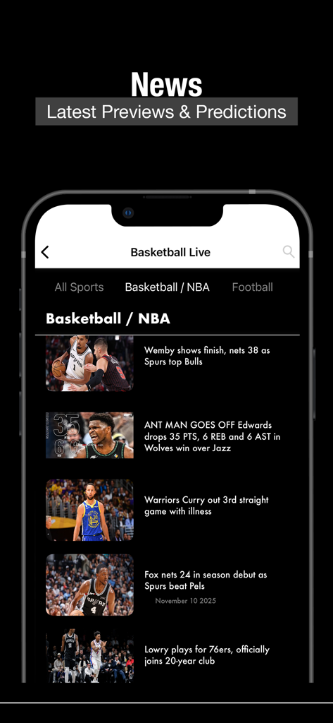 Pantalla de noticias de la aplicación Basketball TV con previas de los últimos juegos de la NBA y actualizaciones de jugadores