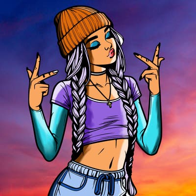 realistic teenage girl with braids and a beanie and crop top doing 🫶🏼