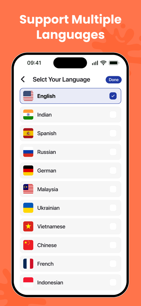 AR Drawing - Sketch Trace Draw - A screen within the AR Drawing app showing a list of supported languages including English Spanish and French