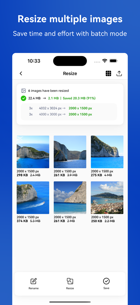 アプリのバッチリサイズ機能を示す画面。ファイルサイズ削減の統計情報と、リサイズされた画像のグリッドが表示されています。