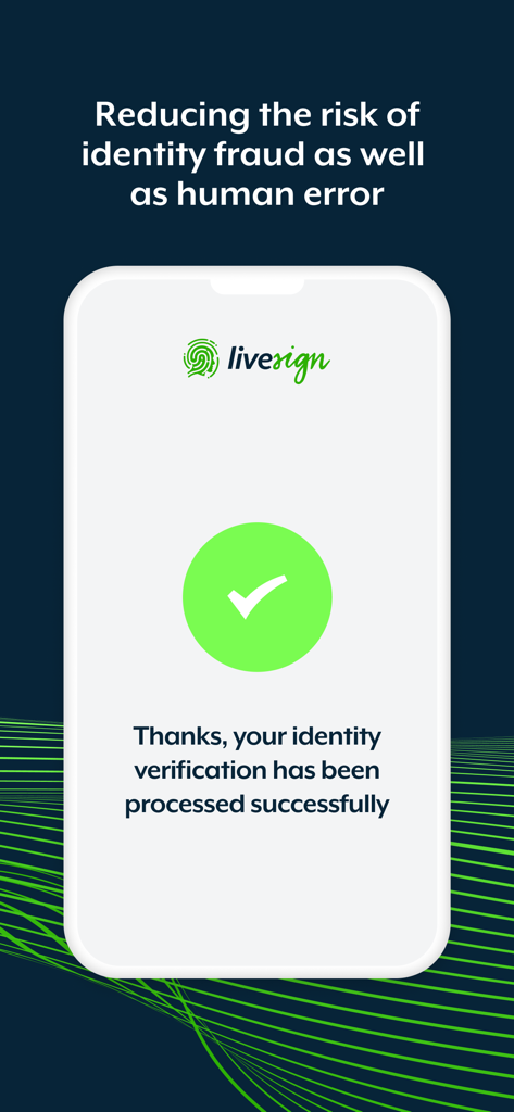 livesign - doc signing & VOI - Schermata dell'app Livesign che mostra un messaggio di verifica dell'identità riuscita con un segno di spunta verde