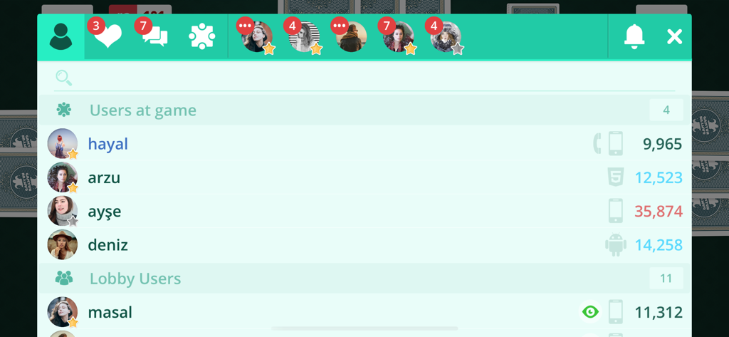 The social lobby of Pişti Online showing a list of active players and their scores