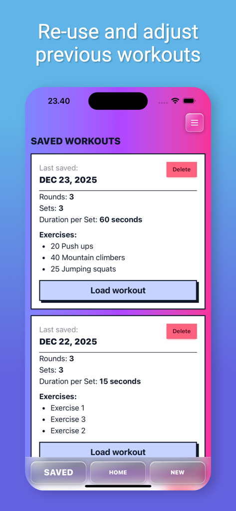 Rounds app - Eine Liste gespeicherter Intervalltrainings-Workouts in der Rounds-App mit Optionen zum Laden und Wiederverwenden von Routinen