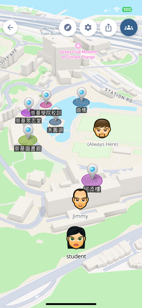 EduVenture-AI - A 3D map interface in the EduVenture-AI app showing location markers and real-time student avatars for outdoor learning.
