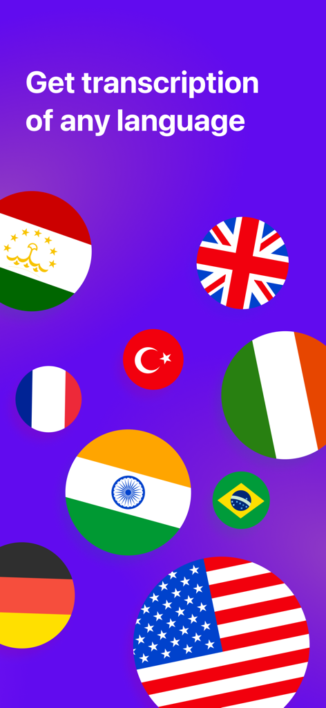 Sum AI: Speech to Text Notes - Sum AI app screen showing multi-language transcription support with international flags.