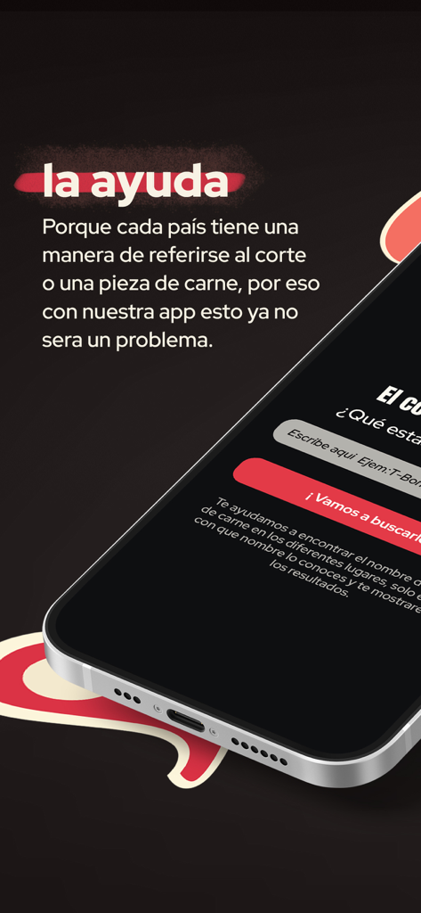 Como se Llama - A mobile phone screen showing the Como se Llama app interface for translating meat cut names across different regions.
