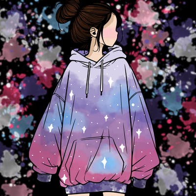 realistic girl with a oversized sweatshirt on and a bun