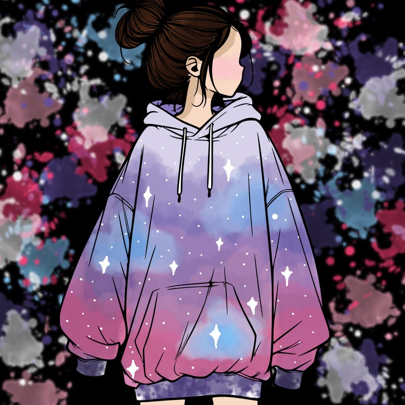 realistic girl with a oversized sweatshirt on and a bun