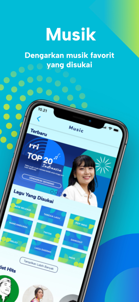 RRI Digital - RRI Digital app music interface displaying Indonesian playlists and genres