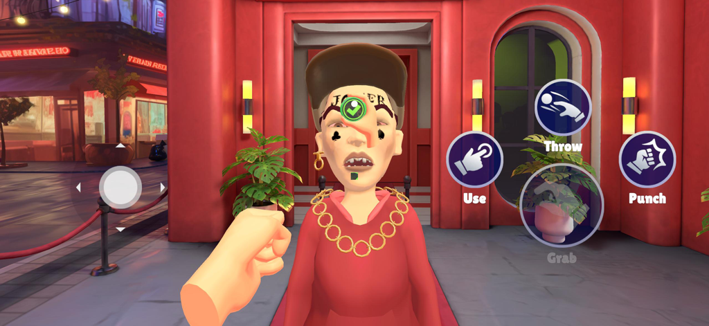 First-person gameplay of a bouncer interacting with a guest at a club entrance in the I Am Security mobile game.