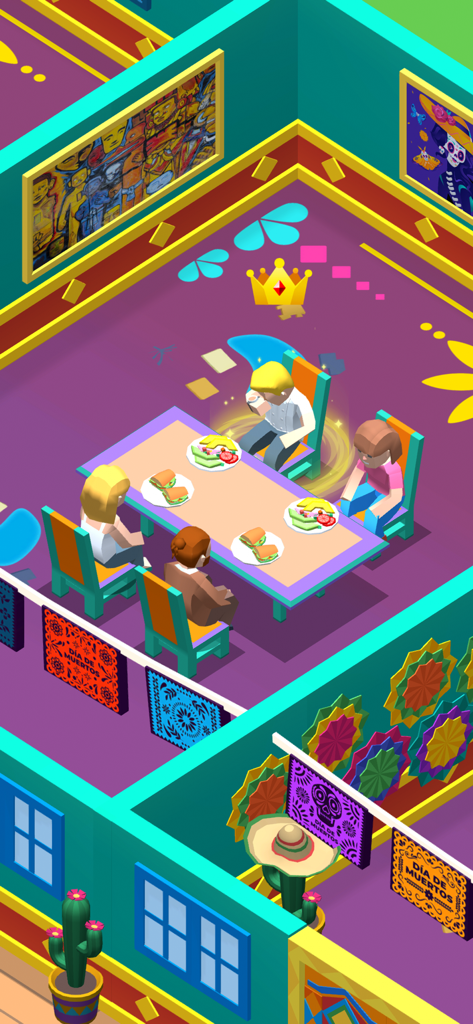 Dream Restaurant - Idle Tycoon - Isometric view of customers dining in a vibrant Mexican themed restaurant in Dream Restaurant Idle Tycoon