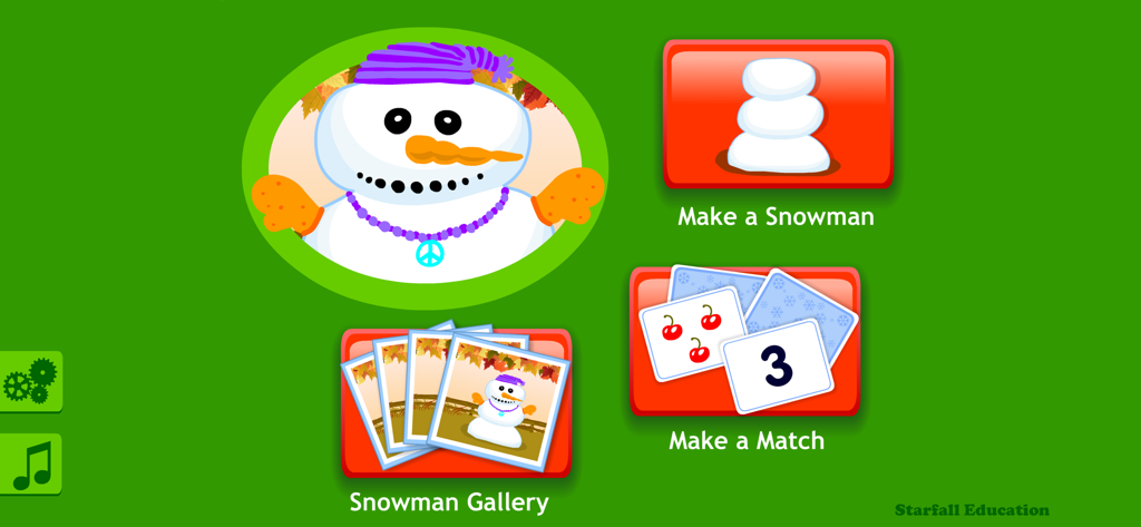 Starfall Snowman educational app main menu showing options for Make a Snowman, Make a Match, and Snowman Gallery