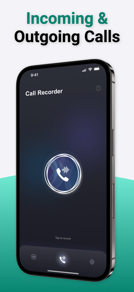 Phone Call Recorder ° TapeCall - iPhone-Bildschirm, der die Benutzeroberfläche der Telefonanruf-Aufnahme-App für eingehende und ausgehende Anrufe anzeigt.