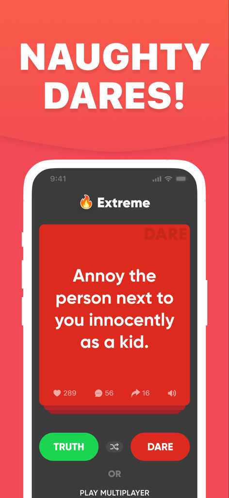Truth or Dare Teen Party Games - Truth or Dare app interface showing an extreme level dare card for a party game