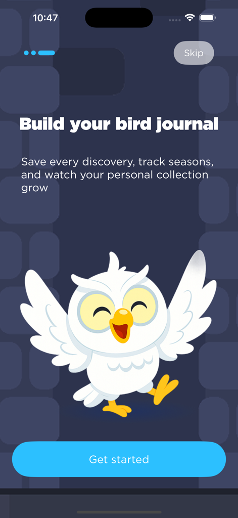 Wingsу Lеns - Pantalla de incorporación de la aplicación Wingsy Lens con una mascota búho de dibujos animados y el texto Crea tu diario de aves.