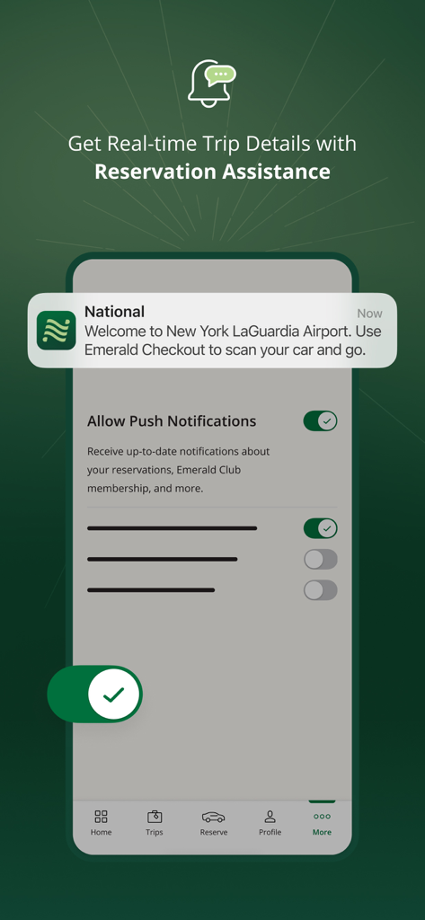 Écran de l'application National Car Rental affichant les paramètres de notification push et les détails d'assistance de réservation en temps réel.