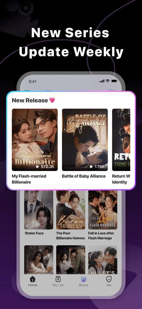 DramaTime app home screen featuring new weekly micro drama releases and romantic series titles