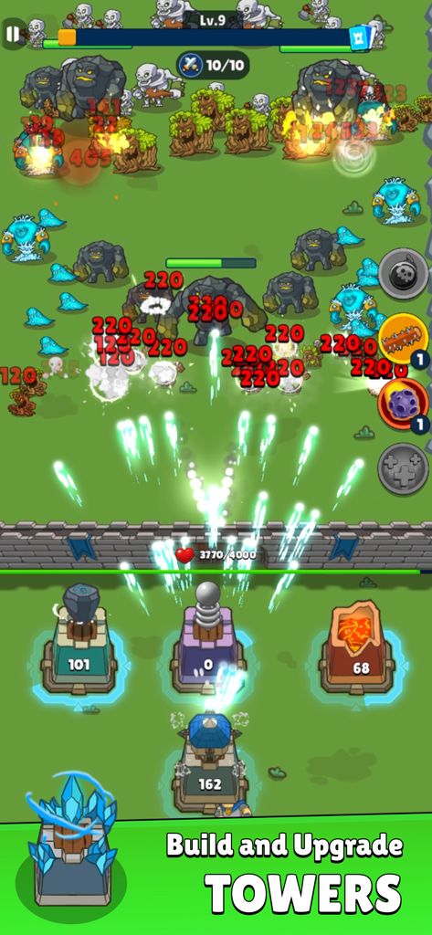 Juego de Herochero mostrando varias torres defendiendo contra oleadas de enemigos