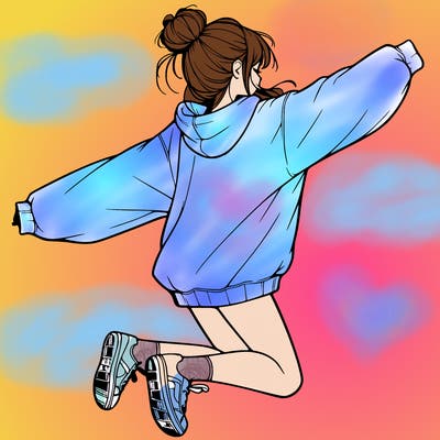 realistic girl jumping with a bun and oversized sweatshirt