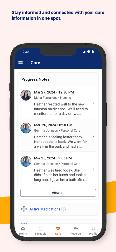 AlayaCare Family Portal - Interface of AlayaCare Family Portal showing caregiver progress notes and patient updates