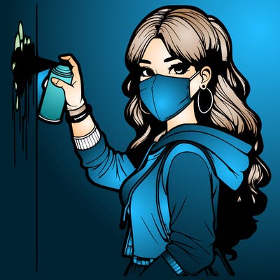 realistic girl with mask spray painting a wall