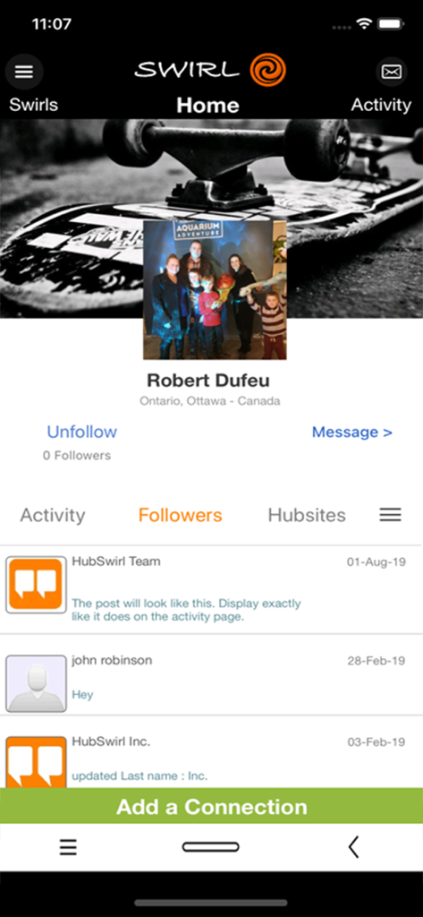 Swirl App - Swirl App user profile screen showing followers list and community connection options