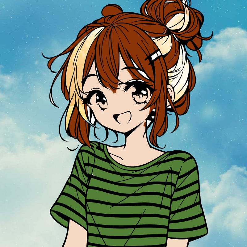anime girl teenager striped shirt and smile and messy bun