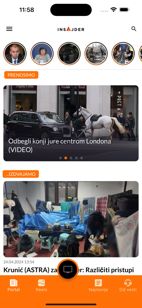 Insajder - The home screen of the Insajder news app displaying current investigative journalism articles and video stories.