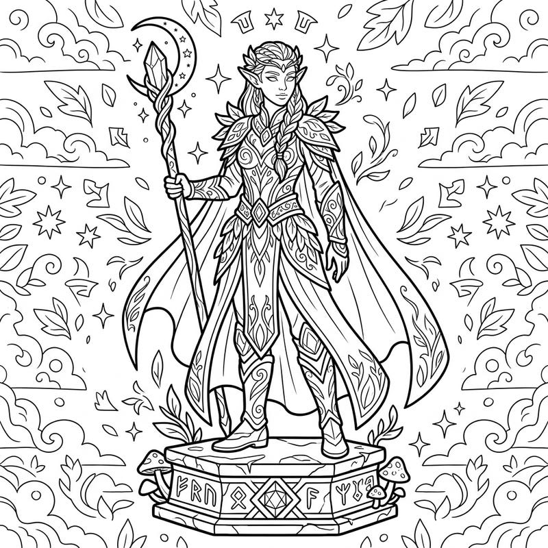 Step into a world of magic with this captivating fantasy elf coloring page, a true work of art depicting a powerful elven guardian. Every detail, from the intricate armor to the mystical staff, invites you to bring this sculpture to life with your favorite colors.