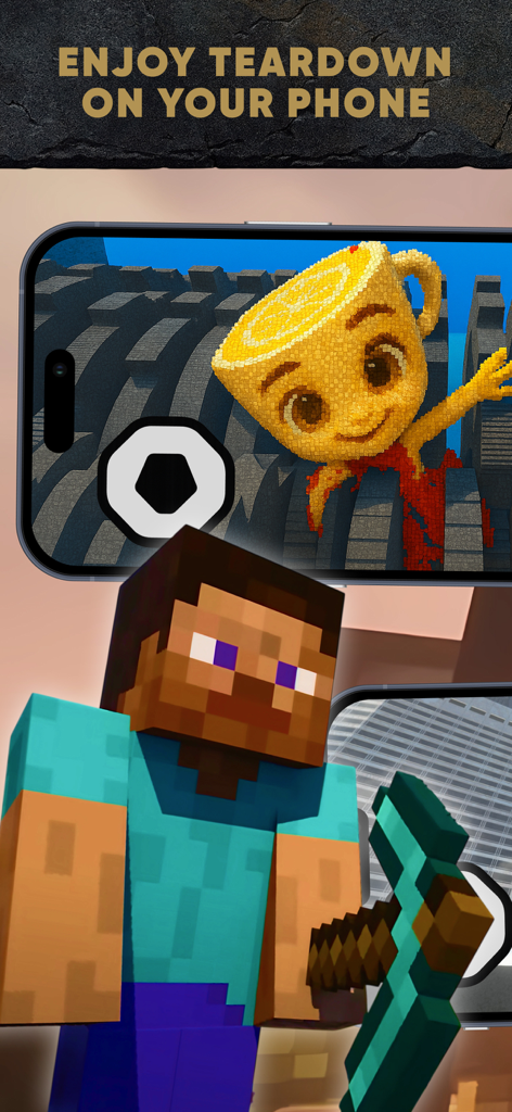 Teardown Game Mods & Maps - Voxel character with pickaxe and mobile phone showing Teardown game mods