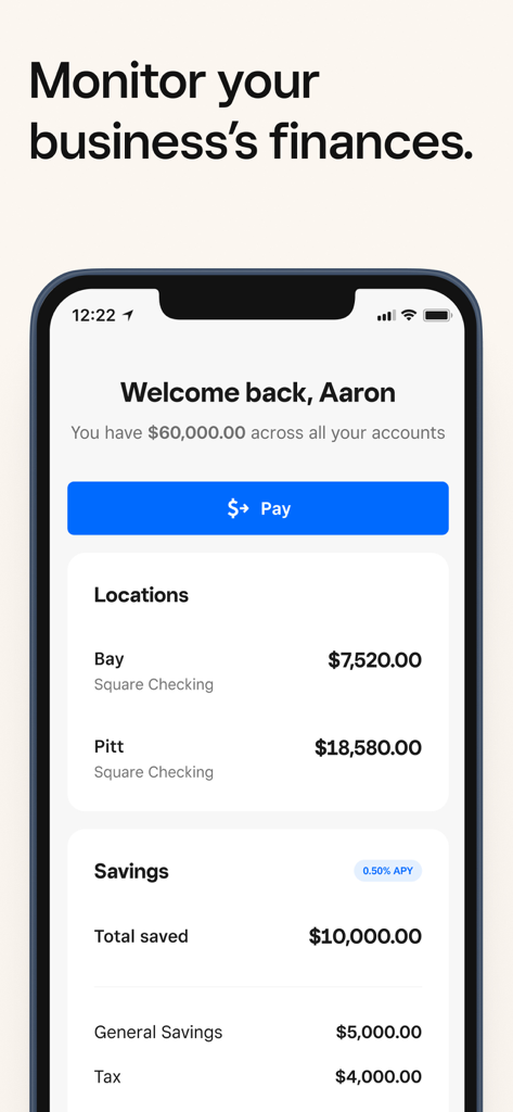 Square - Dashboard for POS - Square Dashboard mobile app interface showing a unified view of business finances including location balances and savings goals.