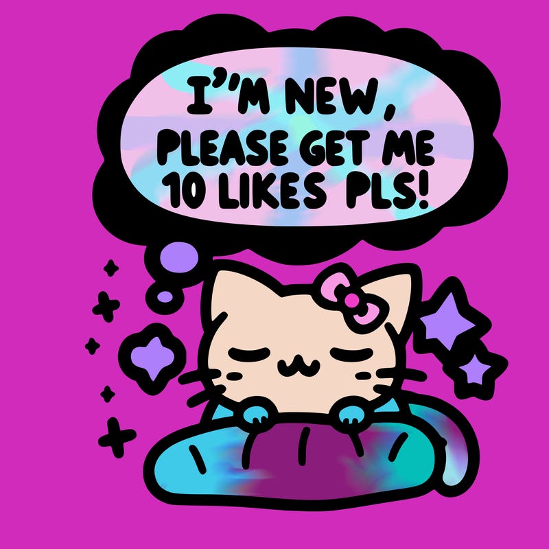 kitty taking a nap dream talking and saying "i'm new, please get me at least 10 likes pls!!"